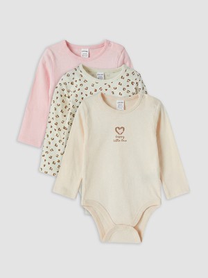 LC Waikiki Lcw Baby Pembe Bisiklet Yaka Baskılı Kız Bebek 3'lü Çıtçıtlı Body