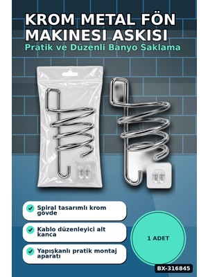 MiraLive Fön Makinesi Askısı Krom Metal Banyo Fönlük Kendinden Yapışkan Askı Aparatı BX-316845