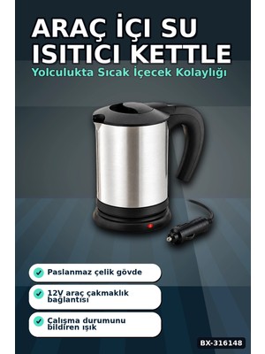 MiraLive Araç Içi Su Isıtıcı Kettle - 12V Çakmaklık Girişli Paslanmaz Çelik Termos BX-316148