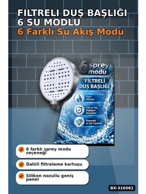 MiraLive Filtreli Duş Başlığı 6 Su Modlu Geniş Panelli Silikon Nozullu Beyaz Gövde BX-316061
