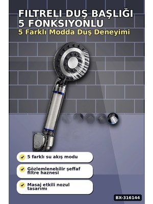 MiraLive Filtreli Duş Başlığı 5 Fonksiyonlu Masaj Etkili Kireç ve Klor Filtreleme Banyo El Tipi BX-316144