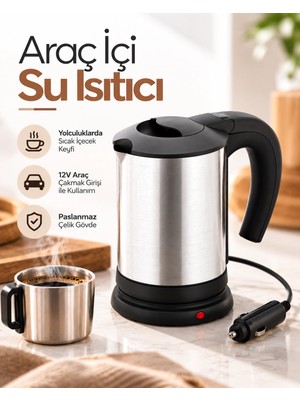 MiraLive Araç Içi Su Isıtıcı Kettle 12V Çakmaklık Girişli Paslanmaz Çelik Seyahat Tipi BX-316152