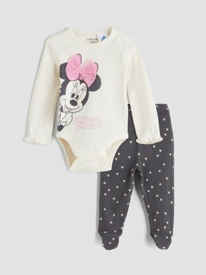 LC Waikiki Lcw Baby Bej Minnie Mouse Baskılı Kız Bebek Çıtçıtlı Body ve Pantolon