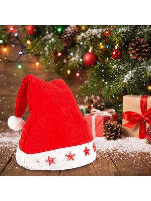 Bakgelal LED Işıklı Noel Baba Şapkası – Kırmızı Beyaz Peluş, Yıldız Işıklı Yılbaşı Parti Aksesuarı