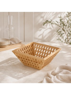 Poomy Bambu Sunumluk Sepet 20 Cm, Doğal Ahşap Meyve Sepeti, Ekmeklik Kahvaltılık Çerezlik ve Servis Sepeti