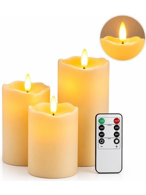 Kenly Alevsiz Titreyen LED Mum Büyük Boy 3’lü Set, Kumandalı, Gerçekçi Alev Işık Efektli, Güvenli Dekoratif Mum [enerji Sınıfı A++]