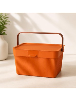 Poomy 6 Litre Çizgili Çok Amaçlı Düzenleyici Kapaklı Taşıma Kulplu Saklama Kutusu Organizer (Turuncu)