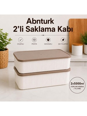 Abnturk 2'li Kapaklı Çizgili Asel Saklama Kabı Seti-Sızdırmaz Vakumlu Erzak ve Gıda Saklama Kabı Krem