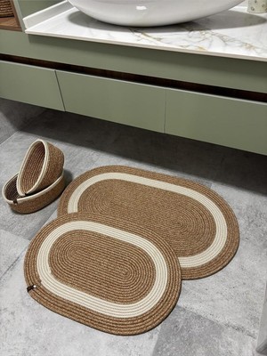MaVaux Hasır Krem Şerit Jüt, Banyo Paspas Takımı, Banyo Sepet Takımı, Paspas Takımı Klozet Takımı Bath St Hasır - Krem 50 x 80
