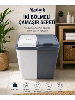 Abnturk 90 Litre 2 Bölmeli Kapaklı Çamaşır Sepeti-Beyaz Renkli Ayrıştırma Büyük Boy Banyo Düzenleyici 58X38X60CM