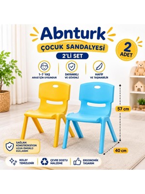 Abnturk 2 Adet Kırılmaz Sert Plastik Çocuk Sandalyesi-Ev Kreş Anaokulu Aktivite Etkinlik Sandalyesi Sarı-Turkuaz