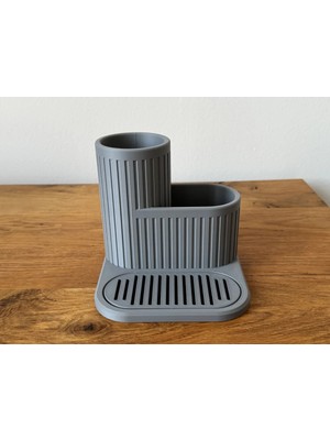 Ozka Concept 3D Baskı Çizgili Lavabo Düzenleyici Süzdürmeli Tepsili Bulaşık Fırçası ve Sünger Tutucu Kompakt Lav
