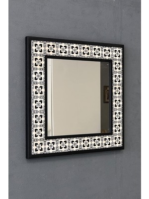 Gy Atelier Oscar Stone Decor Masif Siyah Çerçeveli Mozaik Taş Ayna 43 cm x 43 cm (-Morocco-Etnik Desen)