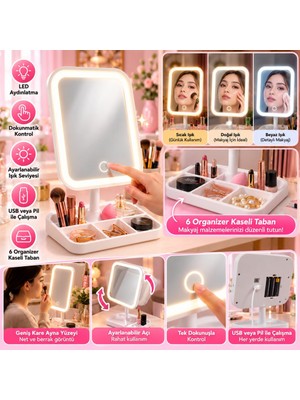 Ozka Concept Yumurcak Shop Dokunmatik LED Işıklı Kare Makyaj Aynası – Altı Organizer Kaseli, Ayarlanabilir Aydın