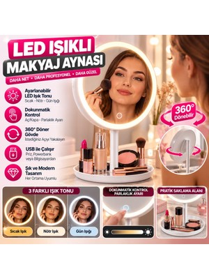 Ozka Concept LED Işıklı Yuvarlak Makyaj Aynası – Dokunmatik Ayarlanabilir Işık Tonlu, 360° Döner Masaüstü Profes