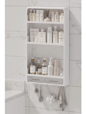 Gy Atelier Walle Yapışkanlı Duvar Rafı, Banyo Mutfak Organizeri, 70X40X10 Cm, Beyaz, Çekmeceli Kancalı Muk-02-14