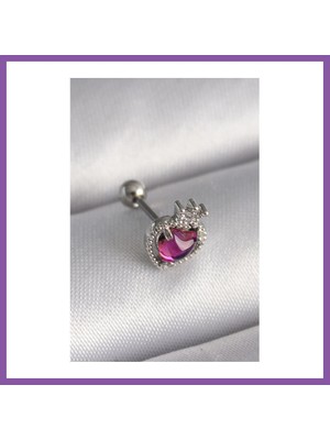 Bezos 316L Çelik Gümüş Renk Pembe Mineli Kalp Zirkon Taş Detaylı Taç Tragus Piercing Bzoshb