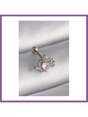 Bezos 316L Çelik Gümüş Renk Pembe Mineli Kalp Zirkon Taş Detay Tragus Piercing Bzoshb