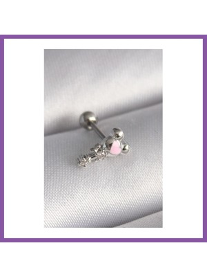 Bezos 316L Çelik Gümüş Renk Zirkon Taş Detay Pembe Kalp Işleme Tragus Piercing Bzoshb