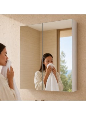 Aynalı Banyo Dolabı, 2 Kapaklı Beyaz Tasarım, Modern ve Fonksiyonel Banyo Mobilyası