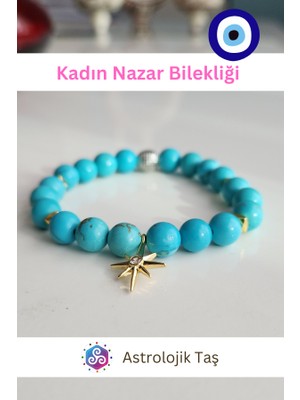 ASTRO STONES Doğal Taş Kadın Nazar Bilekliği Turkuaz Firuze ve Kuzey Yıldızı Aksesuarlı (Sertifikalı)