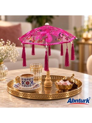 Abnturk Masaüstü Pembe Püsküllü Dantelli Dekoratif Sunum Bali Şemşiyesi-Şık Sunumlar Için Işlemeli Şemsiye 33CM