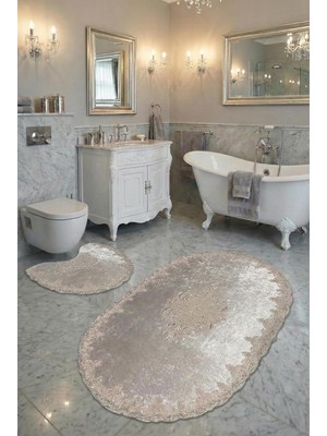 Die Grup Milas Kaymaz Taban, Kadife Dantel Detaylı 2'li Süper Lüks Oval Banyo Paspası Seti, Pembe, 60X100 cm