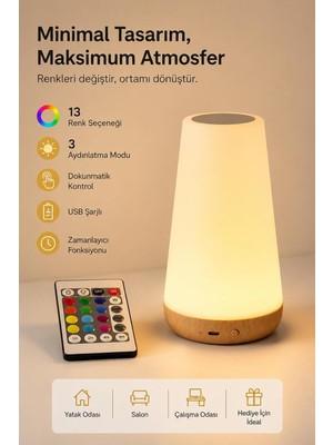 Die Grup Rgb Dokunmatik LED Masa Lambası Kumandalı, USB Şarjlı, 1500 Mah, Renk Değiştiren Gece Lambası