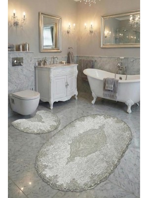 Die Grup Milas Kaymaz Taban, Kadife Dantel Detaylı 2'li Süper Lüks Oval Banyo Paspası Seti, Beyaz, 60X100 cm