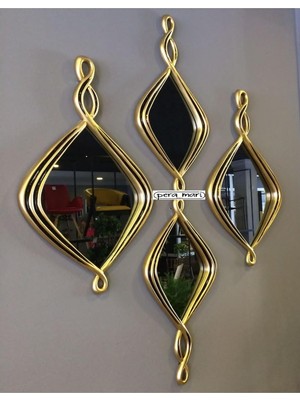 Die Grup Peramari Dekoratif Polyester Dörtlü Damla Burgulu Lüks Salon Duvar Ayna Takımı Gold-Eskitme Gold 27 cm