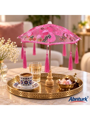 Abnturk Masaüstü Açık Pembe Püsküllü Dantelli Dekoratif Sunum Bali Şemşiyesi-Şık Sunumlar Için Işlemeli Şemsiye 33CM