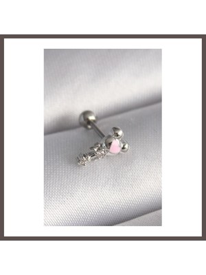 Bezos 316L Çelik Gümüş Renk Zirkon Taş Detay Pembe Kalp Işleme Tragus Piercing ECO123
