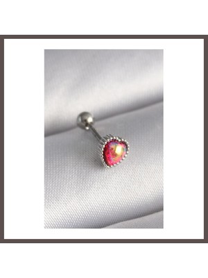 Bezos 316L Çelik Gümüş Renk Kırmızı Mineli Kalp Tragus Piercing ECO123