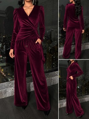 Lune Store Kadın Uzun Kollu Kruvaze Yakalı Yandan Büzgülü Fular Detaylı Kadife Bluz ve Cepli Pantolon Ikili Takım