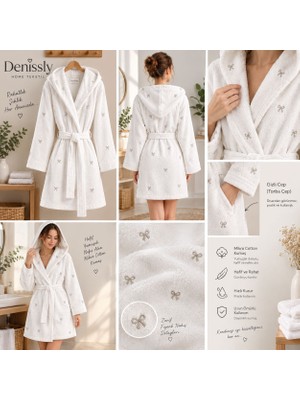 Denissly Premium Micro Cotton Kadın Mini Bornoz – Nakışlı, Kapüşonlu, Gizli Cepli