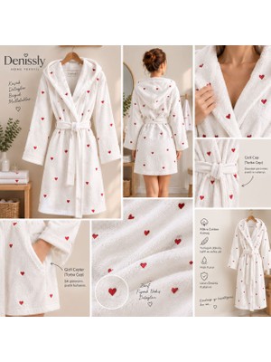 Denissly Kalp Nakışlı Micro Cotton Kadın Mini Bornoz – Kapüşonlu, Gizli Cepli, Beyaz