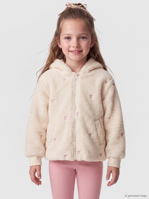 LC Waikiki Lcw Kids Ekru Fiyonk Nakışlı Kapüşonlu Kız Çocuk Pelüş Mont