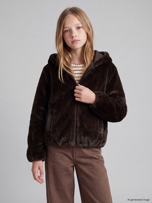 LC Waikiki Lcw Kids Kahverengi Kapüşonlu Kız Çocuk Suni Kürk Mont