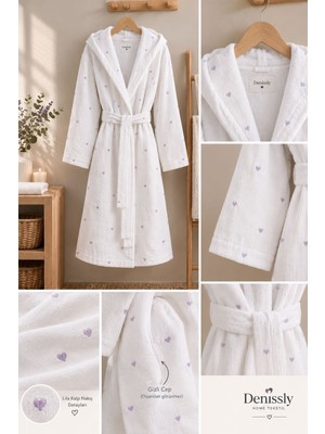 Denissly Kalp Nakışlı Micro Cotton Kadın Mini Bornoz – Kapüşonlu, Gizli Cepli, Beyaz