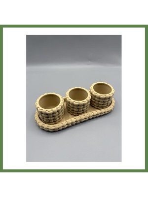 Bezos Örgü Dokulu Tealight Mumluk ve Tepsi Seti Dekoratif Sunum Mumluğu HB006