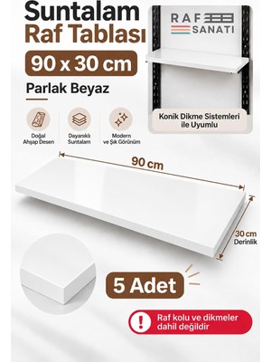 Tr 5'li Set - 90X30 cm Suntalam Mağaza Rafı Beyaz Geniş Ahşap Raf Tablası Konik Dikme Uyumlu