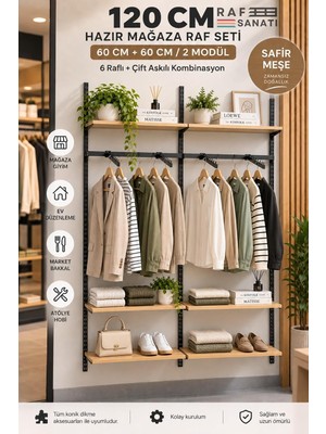 Tr 120 cm Duvar Raf Askılık Sistemi 6 Raflı 2 Modül 200 cm Konik Dikme Hazır Set Safir Meşe