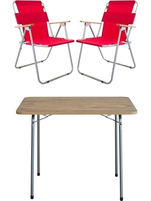 Tr 60X80 Çam Katlanır Masa + 2 Adet Katlanır Sandalye Kamp Seti Bahçe Balkon Takımı Kırmızı
