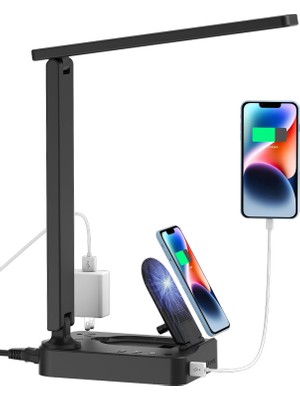 Tr Kablosuz Şarj Cihazlı LED Masa Lambası, USB Şarj Girişli ve 2 Çıkışlı Masa Lambası, 3