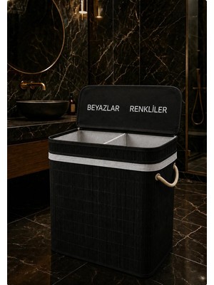 Odea Modern Bambu Beyazlar/renkliler Ayrı Bölmeli Çamaşır Kirli Sepeti 52X32X60CM 100 Litre Büyük Boy (Siyah)