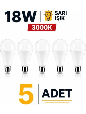 Odea 18W E27 LED Ampul 3000K Sarı Işık 5 Adet Yüksek Aydınlatma LED Lamba