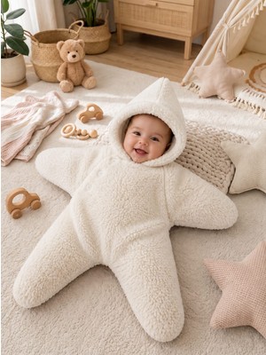Guay Style Yıldız Model Pelüş Bebek Uyku Tulumu – Kapüşonlu Düğmeli Kundak Tulum, Kışlık Welsoft