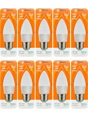 Odea 9W (70W) Sarı Işık (3000K) E27 Duylu LED Mum Ampul, 10 Adet