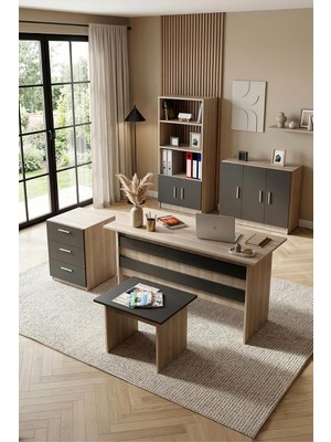 Odea Vario Abcde Ofis Büro Masa Takımı, Çalışma Masası, Kitaplık, Kapaklı Dolap, Keson, Sehpa, Meşe-Siyah