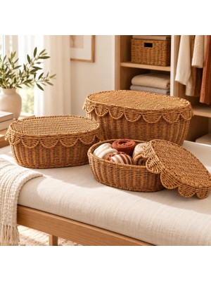Gy Atelier 3'lü Kapaklı Rattan Saklama Kutusu Seti Dekoratif Organizer Sepet